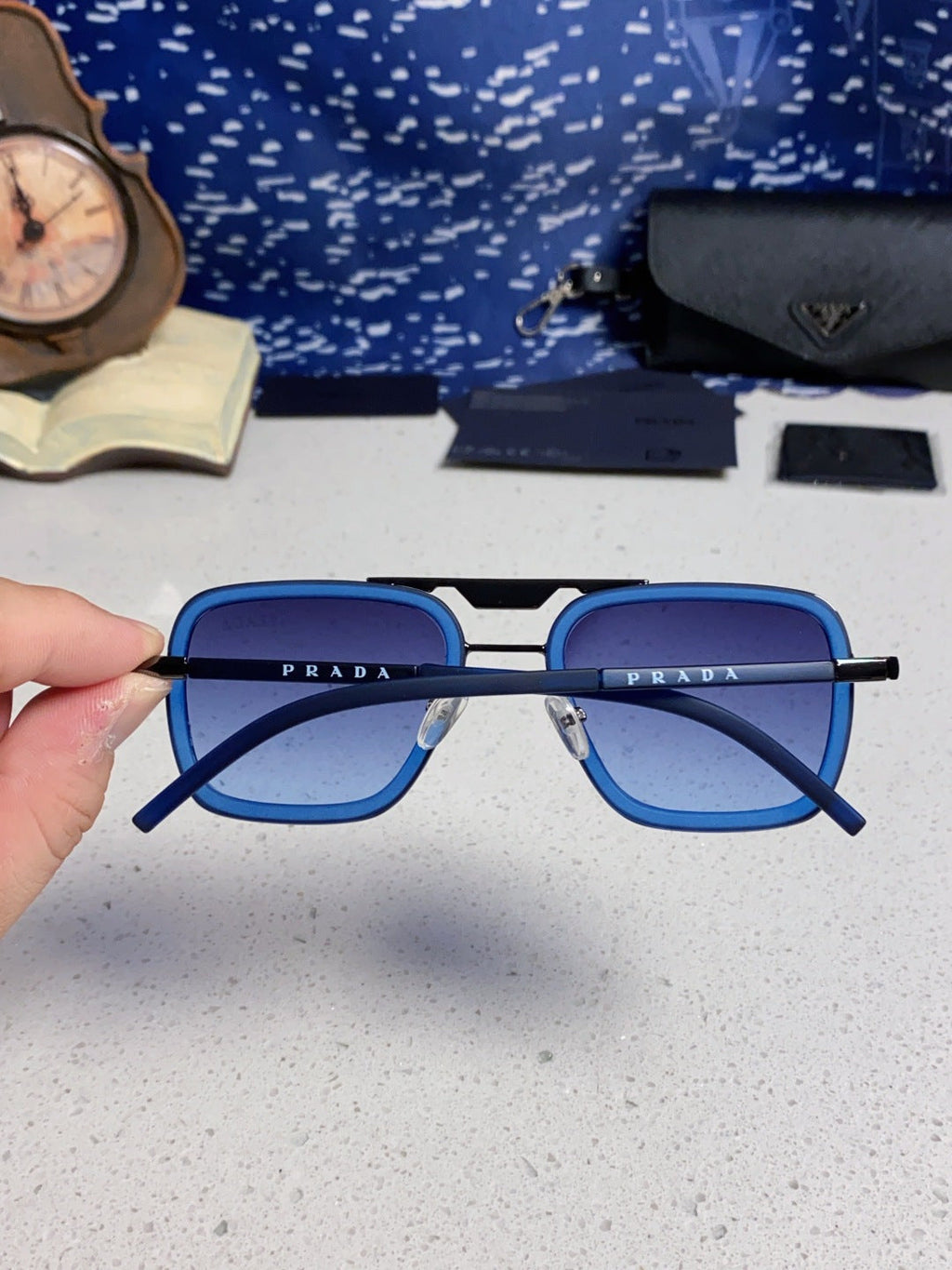 Prada Metal Square Blue Lens Sunglasses for Men & Women - 487053 - detail image 5
