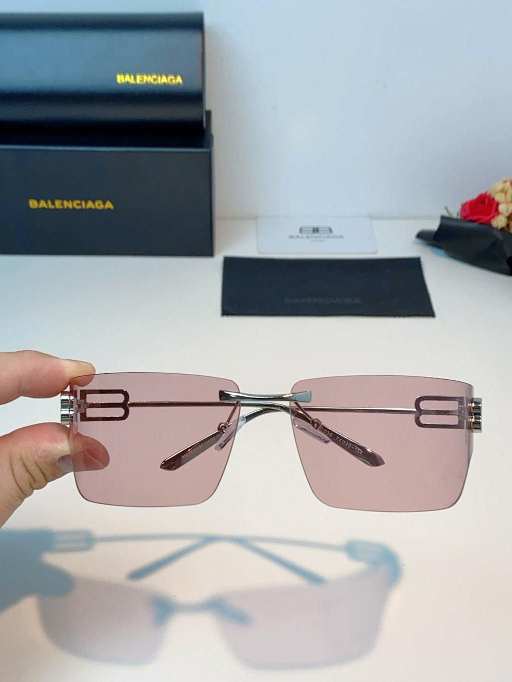 Balenciaga Lightweight Rimless Pink Lens Sunglasses for Men & Women - detail image 4