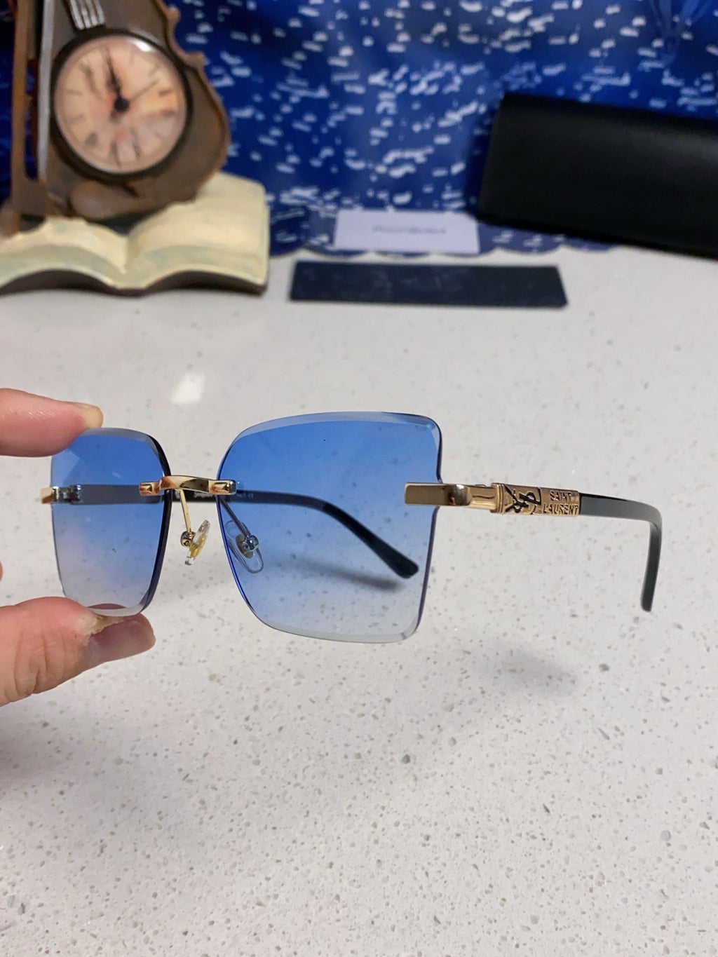 Saint Laurent Lightweight Rimless Blue Lens Sunglasses for Men & Women - detail image 6