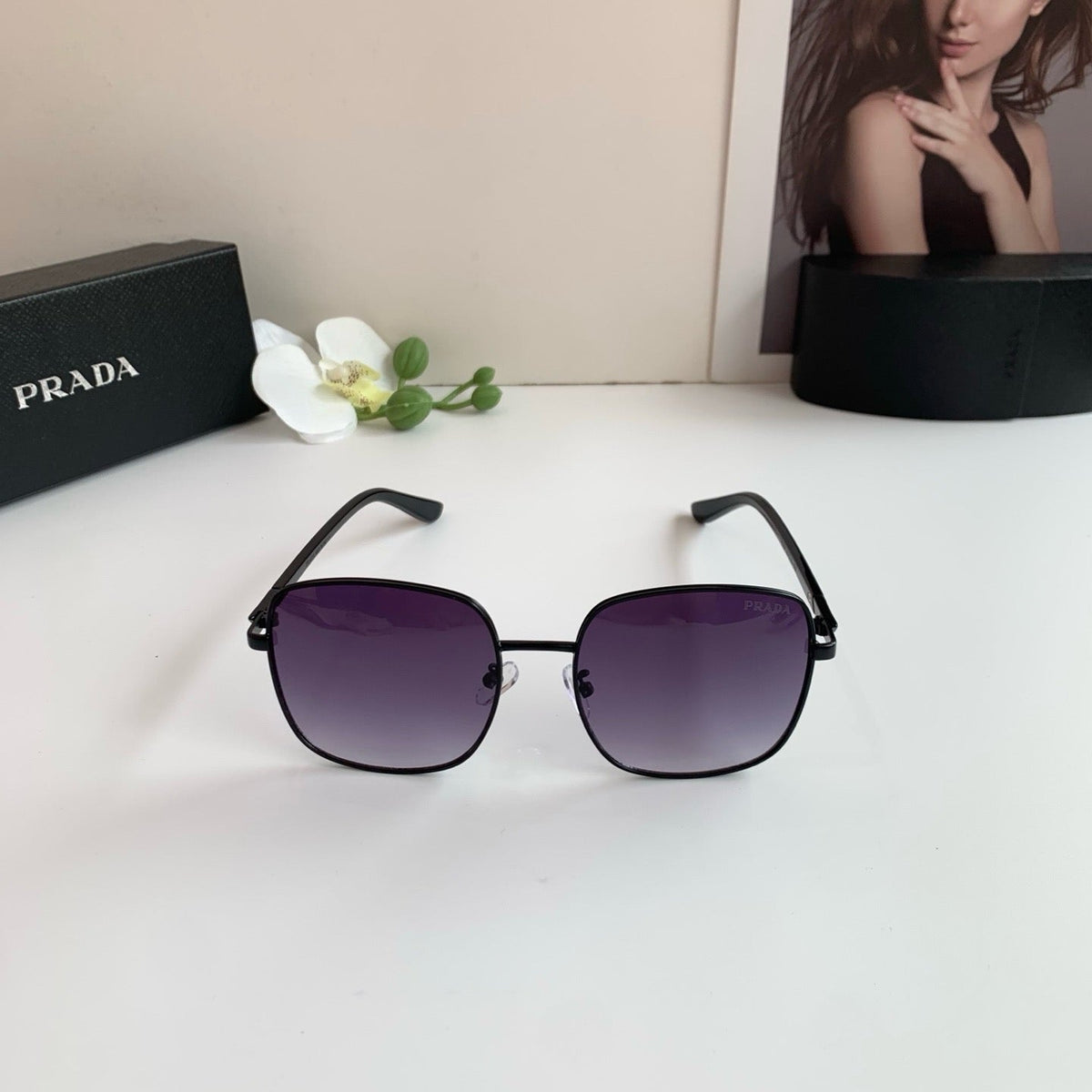 Prada Metal Square Black Lens Sunglasses for Men & Women - detail image 2